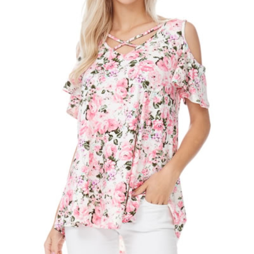 Short Sleeves Open Shoulder Floral Top